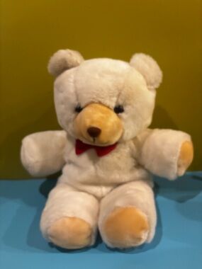 Plush Beige Teddy Bear with Red Bow - Soft Kids Toy